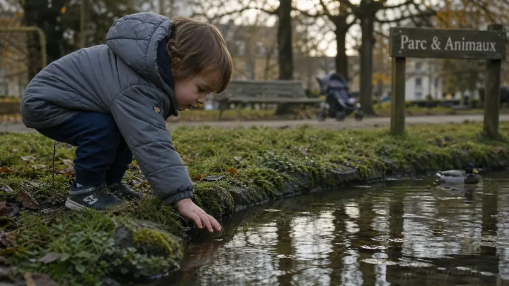 Activités enfant 3 ans Rennes : enfant près d’une mare et d’un canard