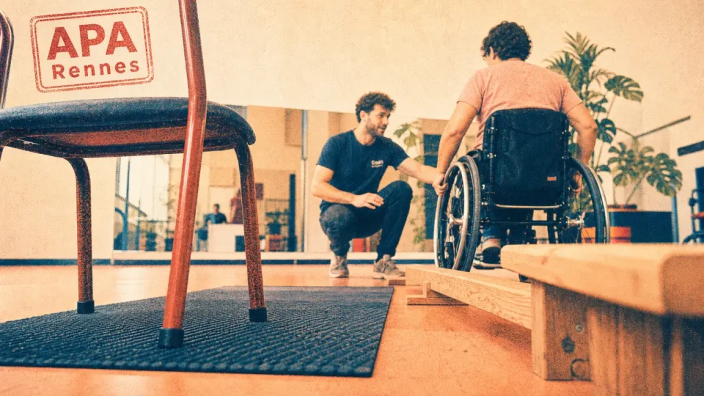 Activités physiques adaptées Rennes : éducateur guide un fauteuil sur un parcours d’équilibre
