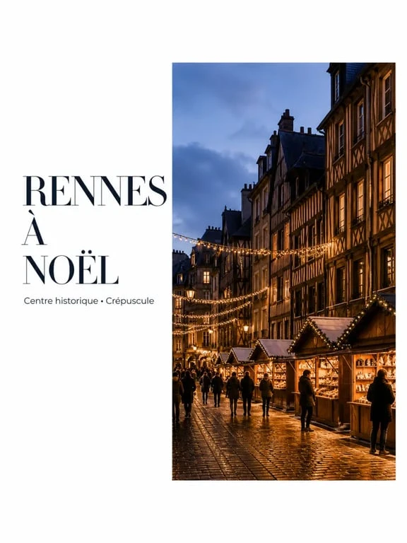 Rennes noel dans le centre historique illuminé au crépuscule avec chalets de marché et façades décorées