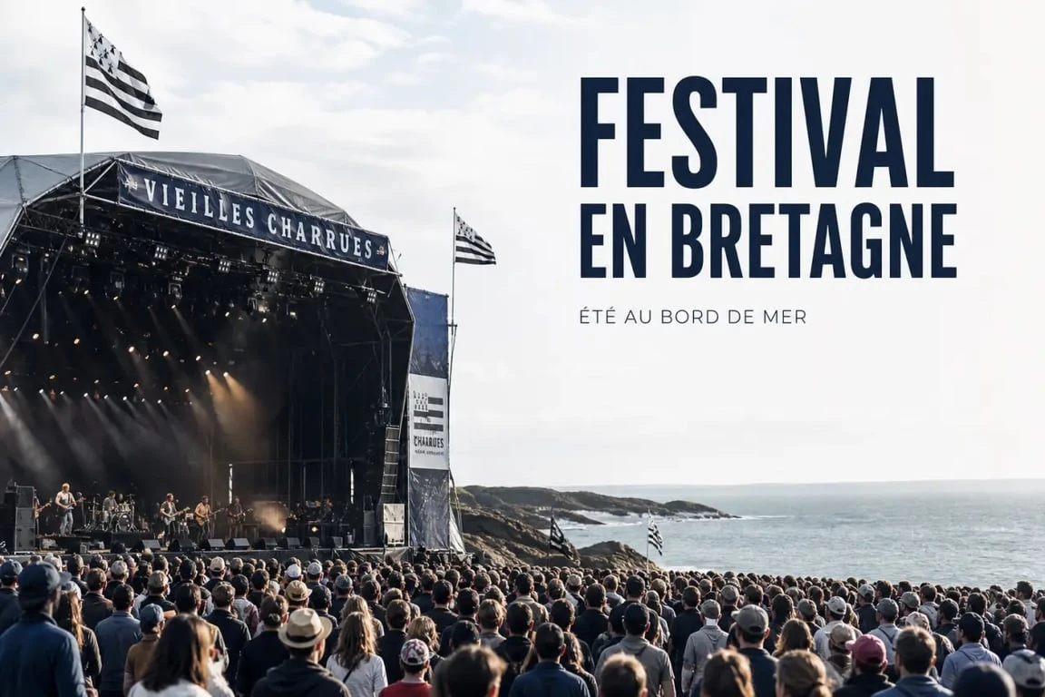 Festivals en Bretagne : scène de festival au bord de la mer avec public et côte bretonne