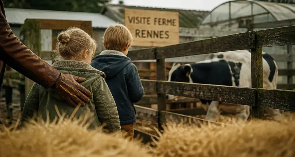Ferme rennes à visiter : enfants guidés vers l’enclos, vache laitière