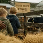 Ferme rennes à visiter : enfants guidés vers l’enclos, vache laitière