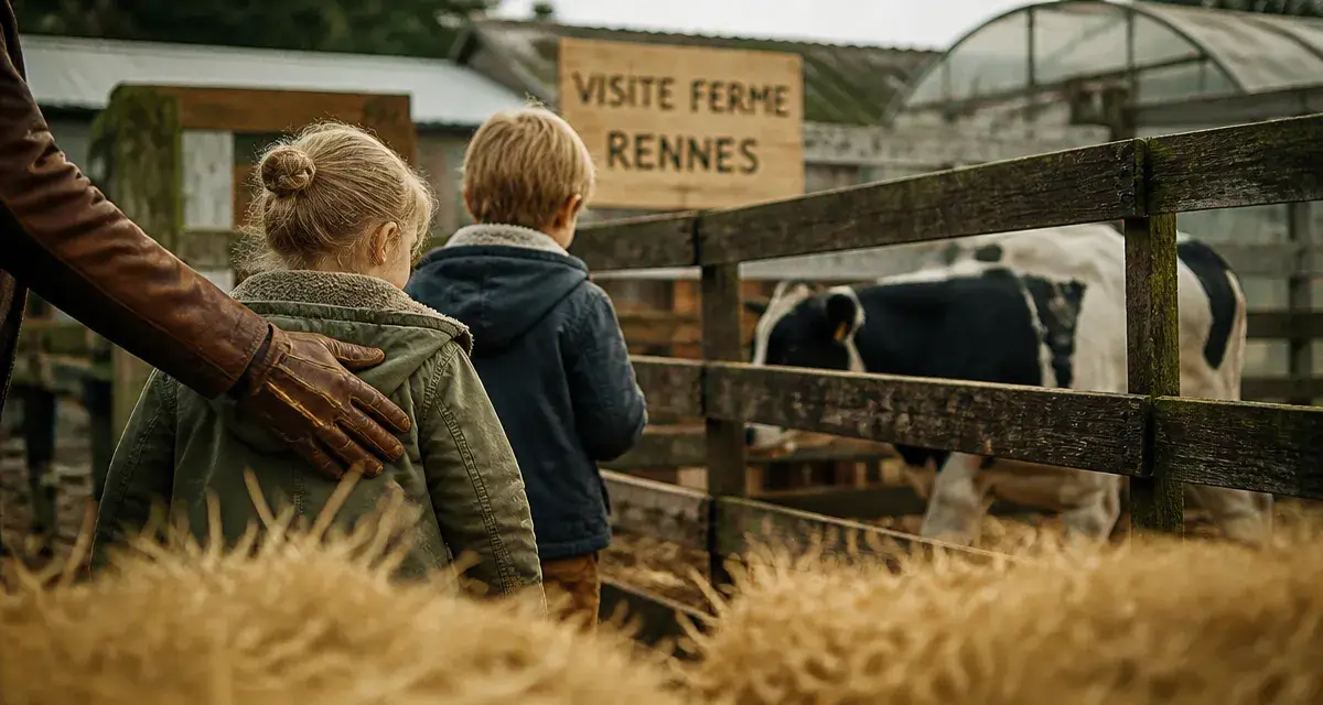 Ferme rennes à visiter : enfants guidés vers l’enclos, vache laitière