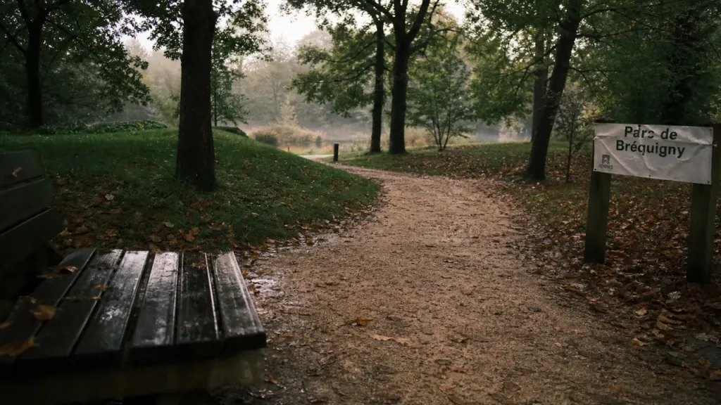 Parc de Bréquigny à Rennes : allée et banc dans la nature