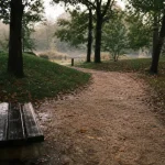 Parc de Bréquigny à Rennes : allée et banc dans la nature