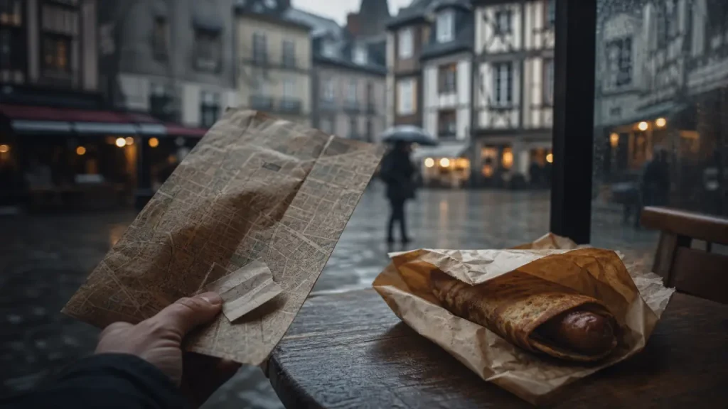 Que faire Rennes : main avec plan et ticket, galette-saucisse au marché des Lices