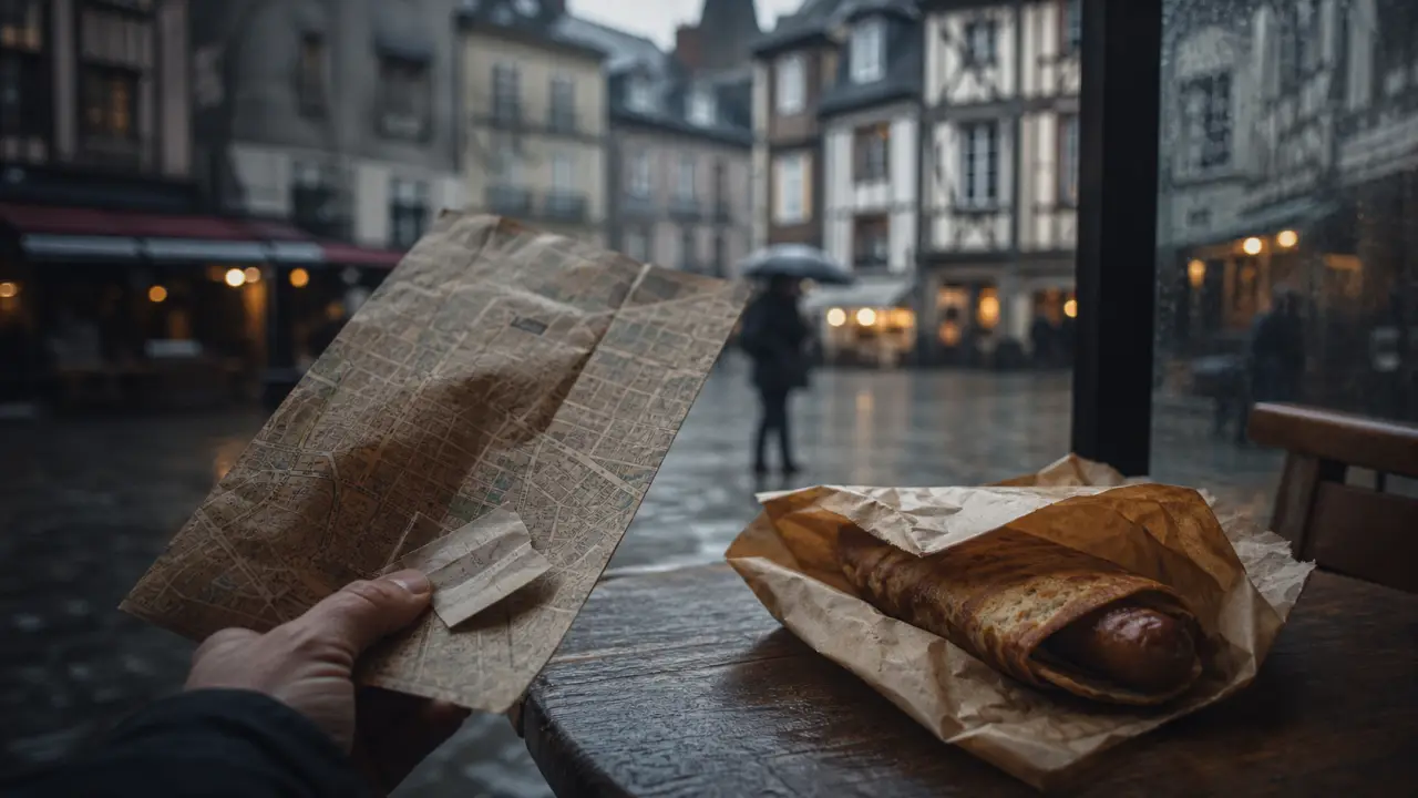 Que faire Rennes : main avec plan et ticket, galette-saucisse au marché des Lices