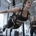Bungee fitness rennes en studio, pratiquante suspendue au harnais
