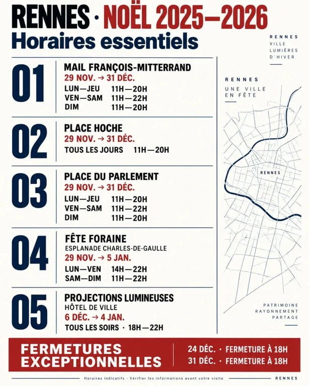 Infographie des horaires du marché de Noël Rennes 2025-2026