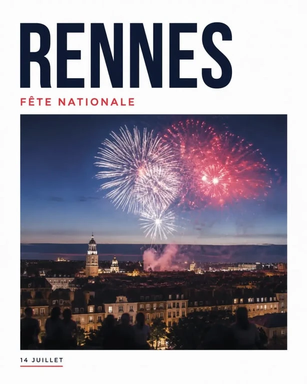 Feu d'artifice rennes au-dessus de la ville au crépuscule avec spectateurs en silhouette