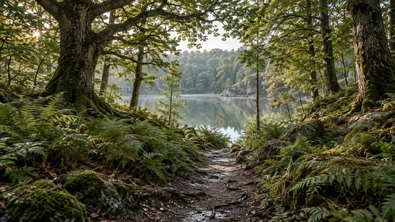 Beau village autour de Rennes : sentier forestier près de Paimpont en Brocéliande