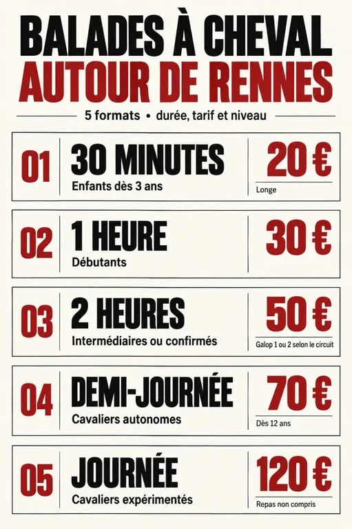 Balade à cheval Rennes : tarifs, durées et niveaux des formules