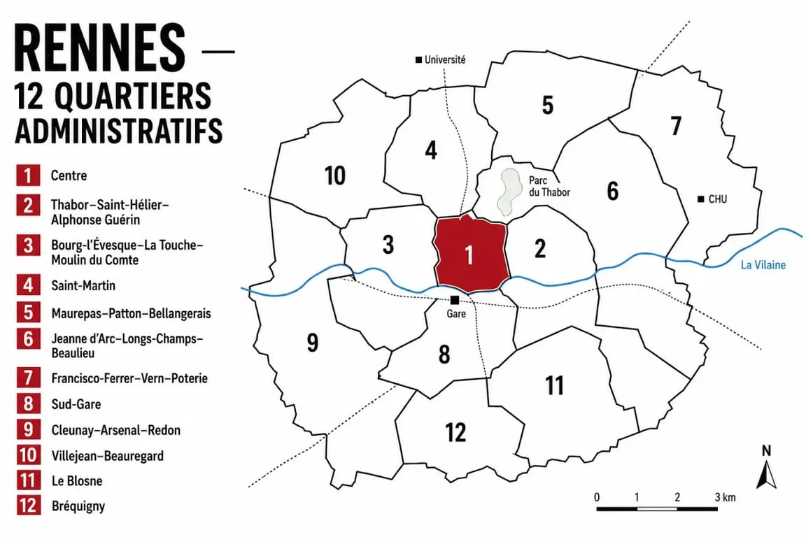 Quartier de Rennes : vue d’ensemble éditoriale des 12 quartiers administratifs et de leurs grands repères