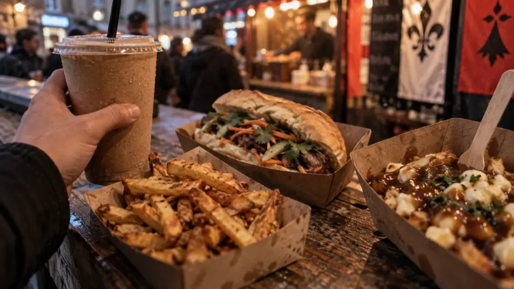 Fast food rennes : frites et sandwich à emporter près des bannières lumineuses