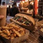 Fast food rennes : frites et sandwich à emporter près des bannières lumineuses