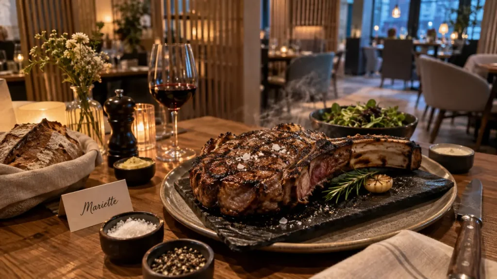 Mariette restaurant Rennes : table avec côte de bœuf et ardoise
