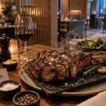 Mariette restaurant Rennes : table avec côte de bœuf et ardoise