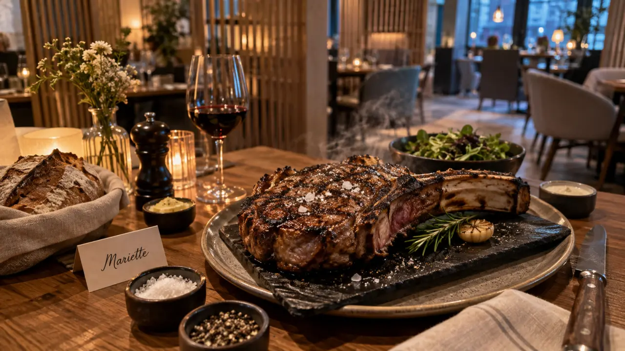 Mariette restaurant Rennes : table avec côte de bœuf et ardoise