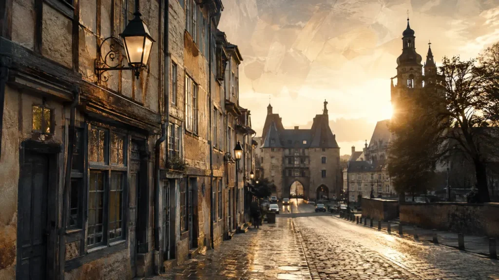 Que faire à Rennes : rue du centre historique vers les Portes Mordelaises, lanternes et maisons à pans de bois