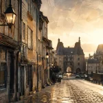 Que faire à Rennes : rue du centre historique vers les Portes Mordelaises, lanternes et maisons à pans de bois