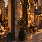 Rennes boutiques : vitrine illuminée dans le centre historique de Rennes, rue commerçante à l’orée du golden hour