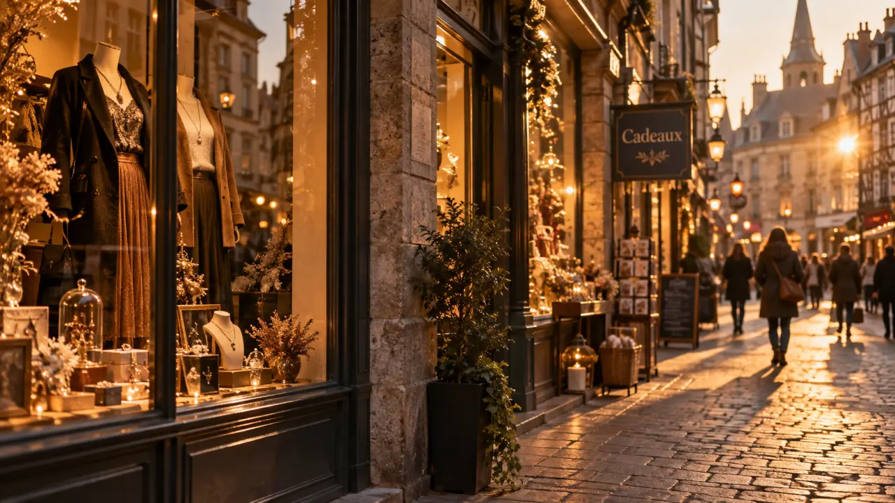 Rennes boutiques : vitrine illuminée dans le centre historique de Rennes, rue commerçante à l’orée du golden hour