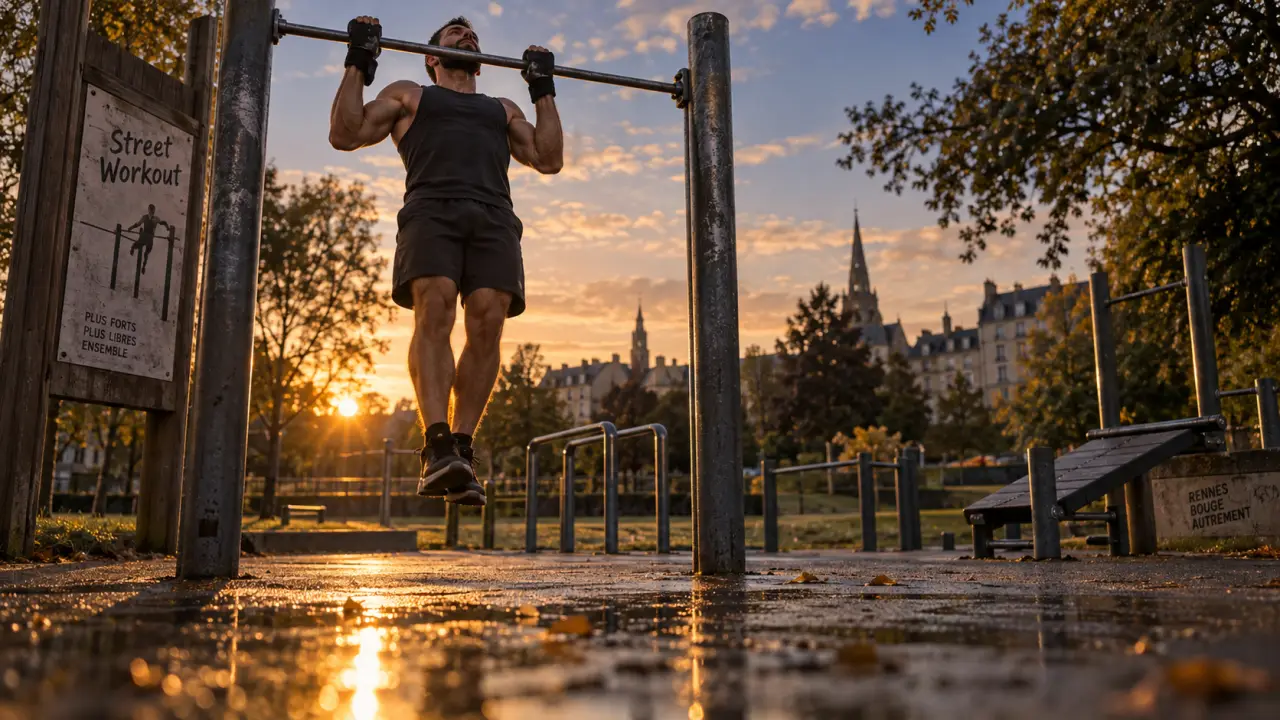 Street workout Rennes : traction sur barre fixe en parc au crépuscule