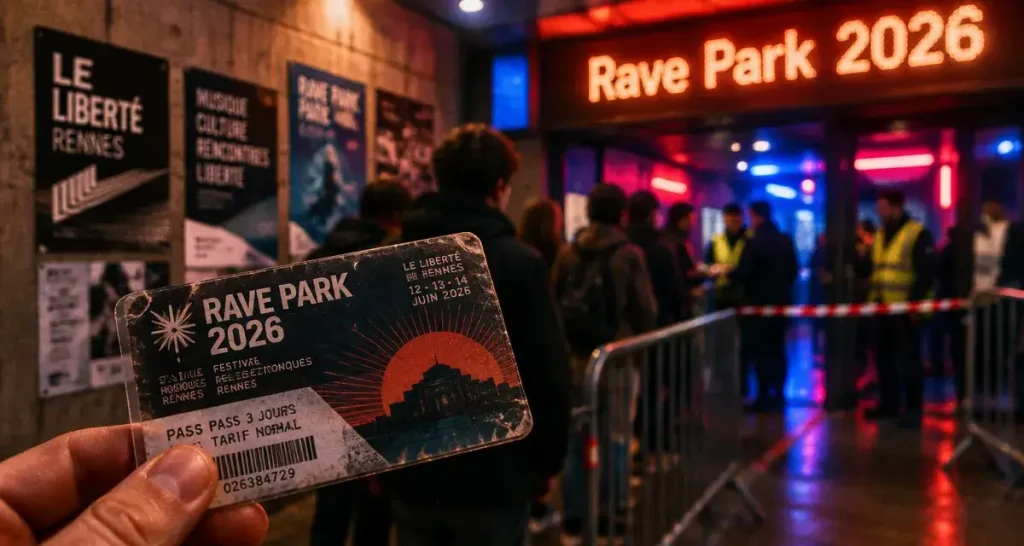 Rave park 2026 à Rennes : billet festival devant l’entrée Liberté